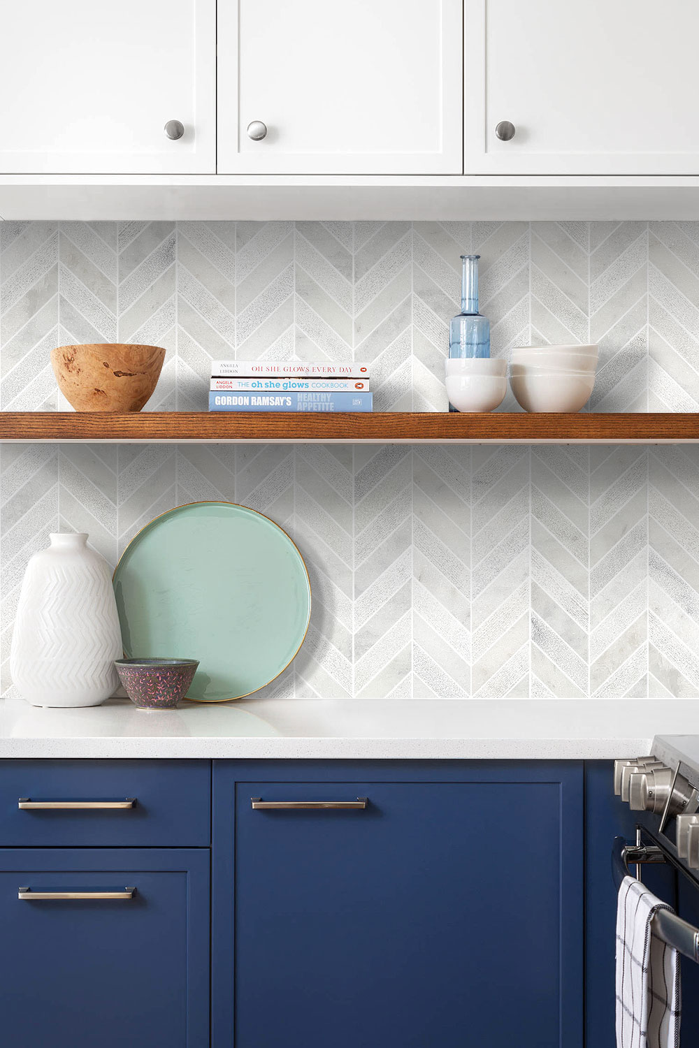 Contemporary Kitchen Blue Cabinets White Marble Backsplash Tile