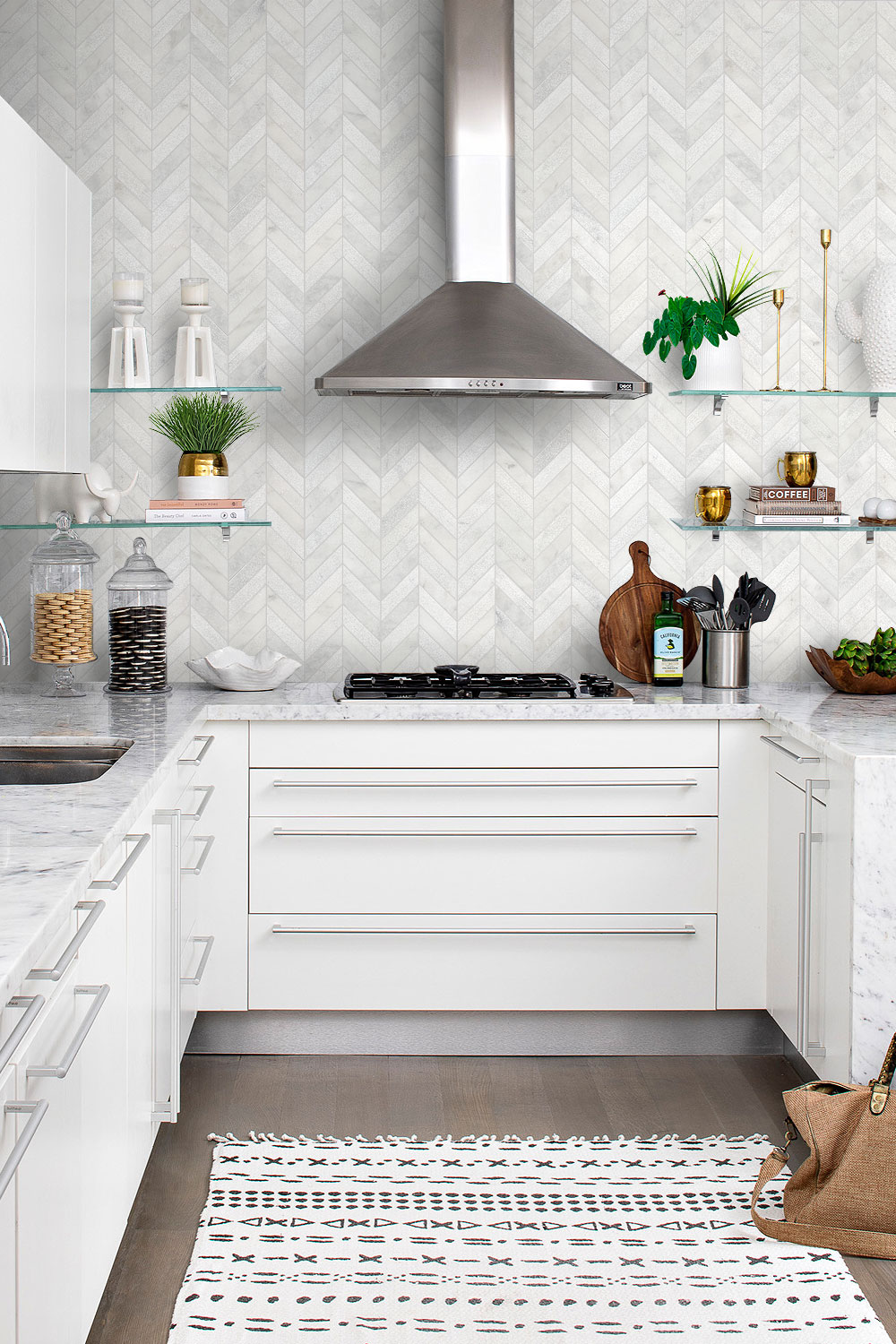Contemporary Kitchen Marble Countertop Chevron White Backsplash Tile