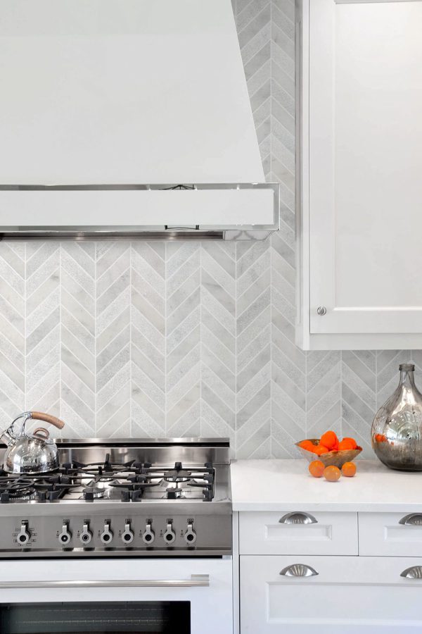 Contemporary Kitchen White Cabinets Chevron Marble Backsplash Tile