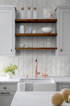 Farmhouse Kitchen Gray Cabinets Chevron Marble Backsplash Tile