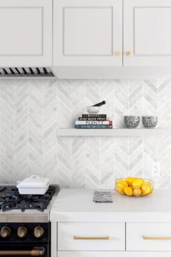 Farmhouse Kitchen White Cabinets Marble Backsplash Tile