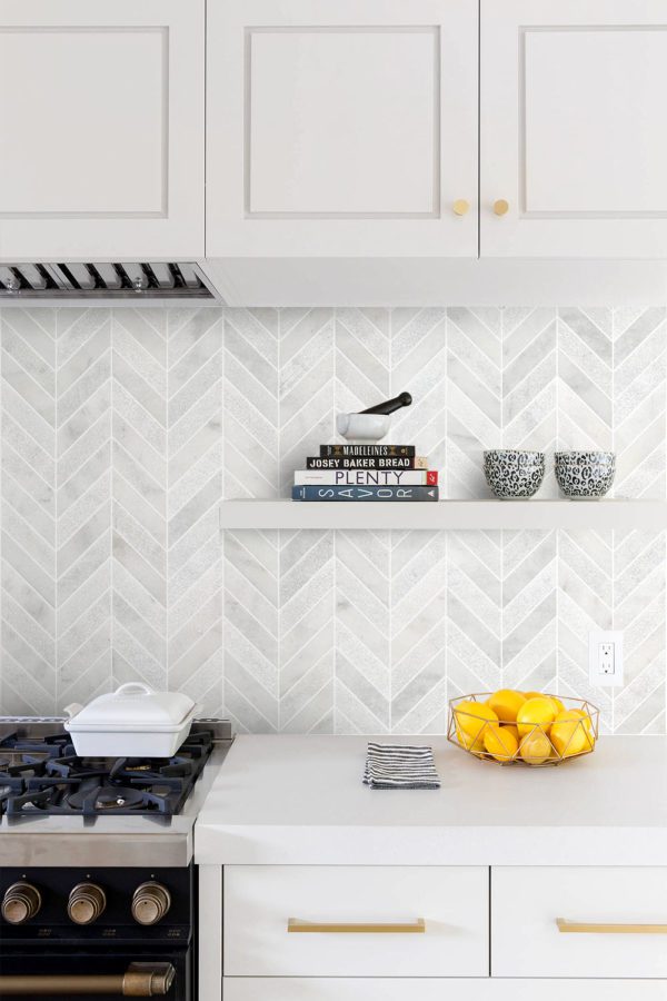 Farmhouse Kitchen White Cabinets Marble Backsplash Tile