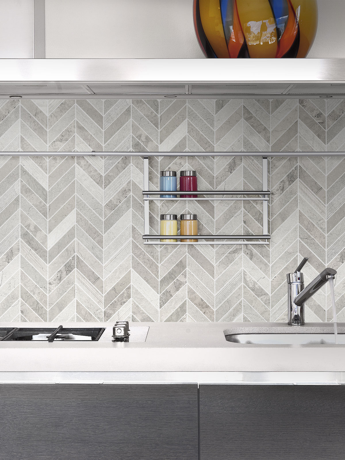 Gray modern limestone chevron mosaic backsplash tile cabinet countertop BA631612