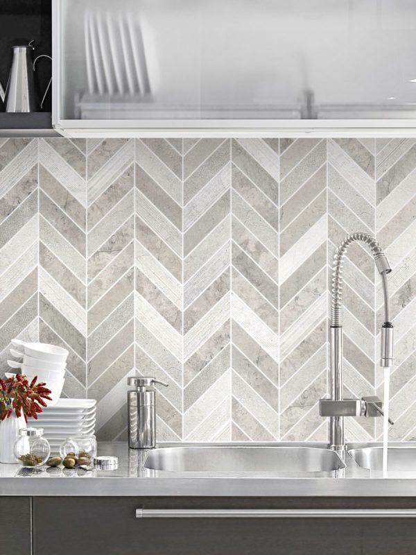 Gray modern limestone chevron mosaic backsplash tile cabinet steel countertop BA631612