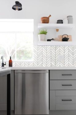 Modern Gray Kitchen Cabinets White Chevron Backsplash Tile