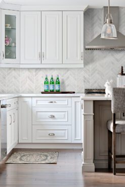 Traditional White Kitchen Cabinets Chevron White Backsplash Tile