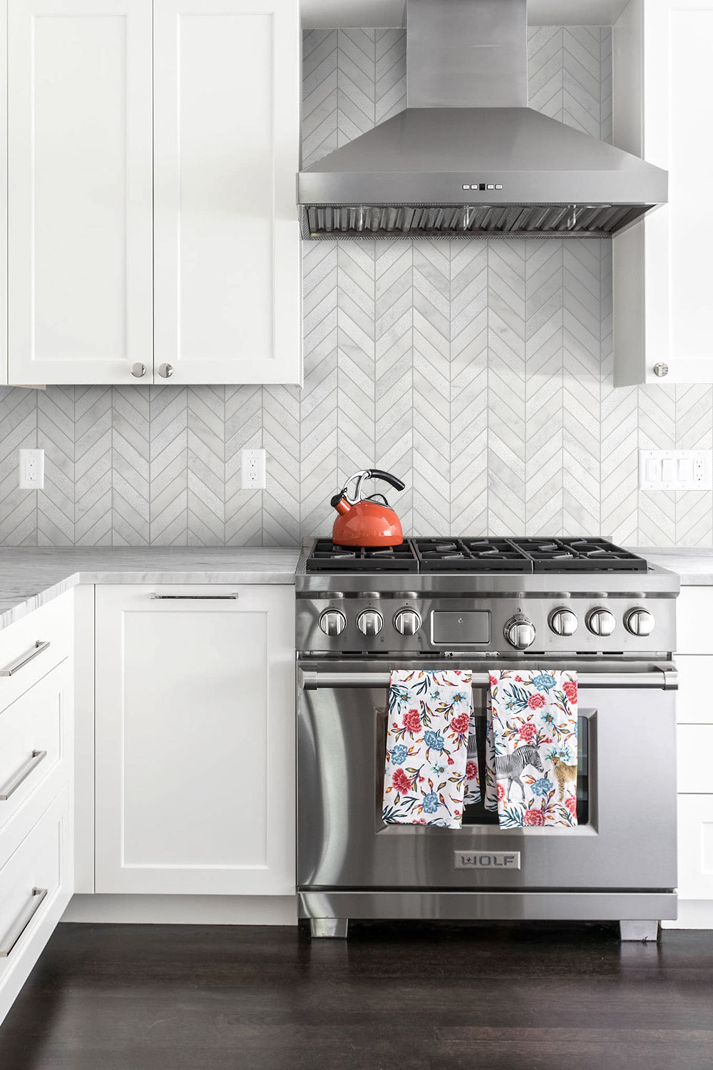 Transitional Kitchen Gray Marble Countertop White Chevron Backsplash Tile
