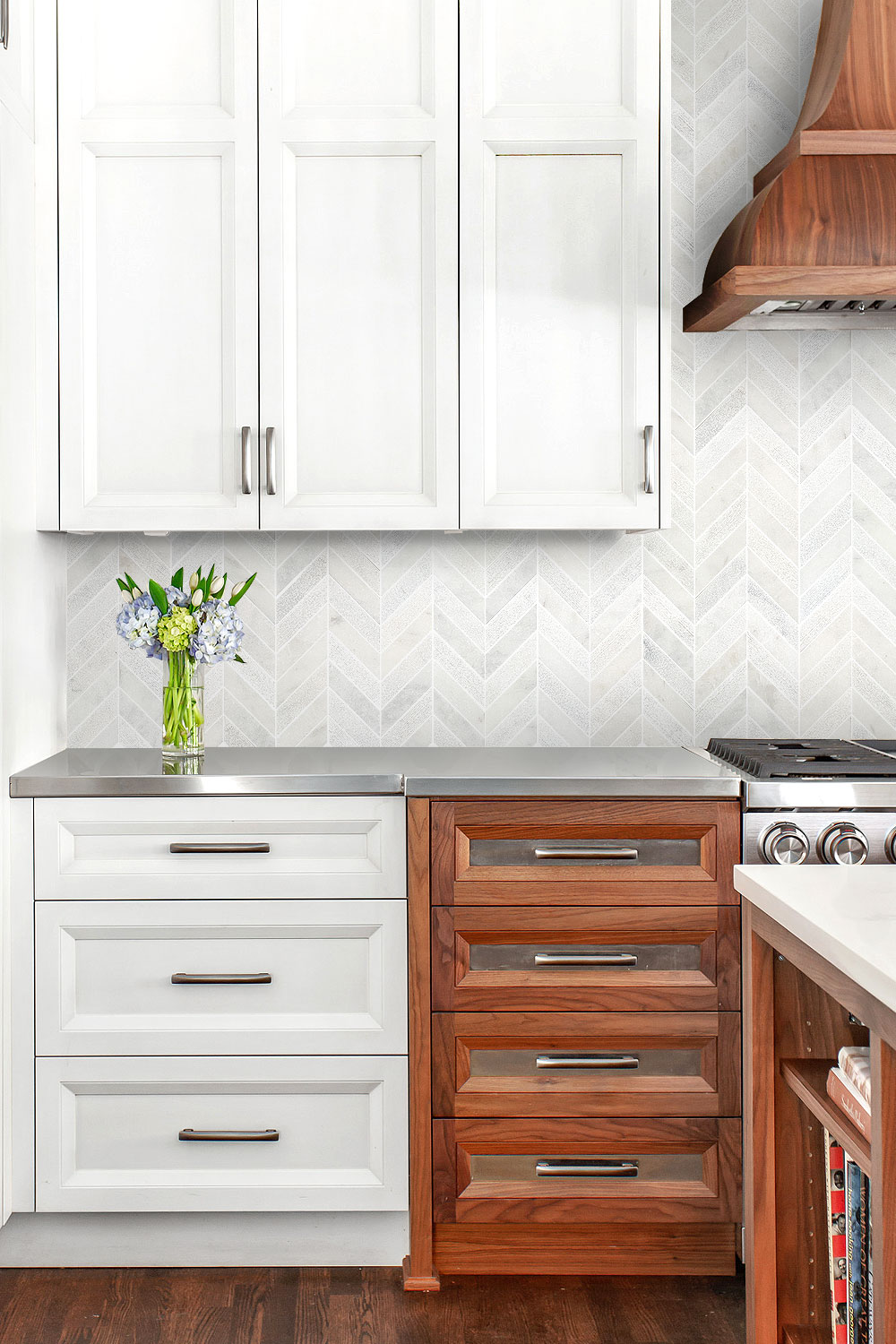 White And Brown Kitchen Cabinets Chevron White Backsplash Tile
