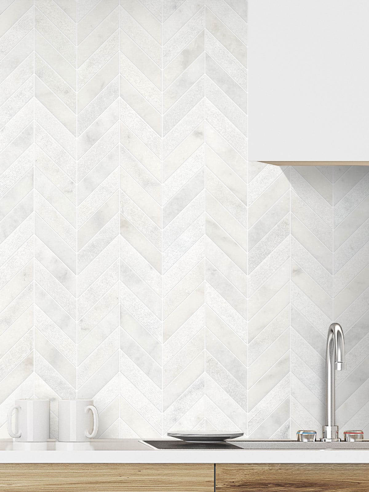 White modern marble chevron mosaic backsplash tile white cabinet BA631613