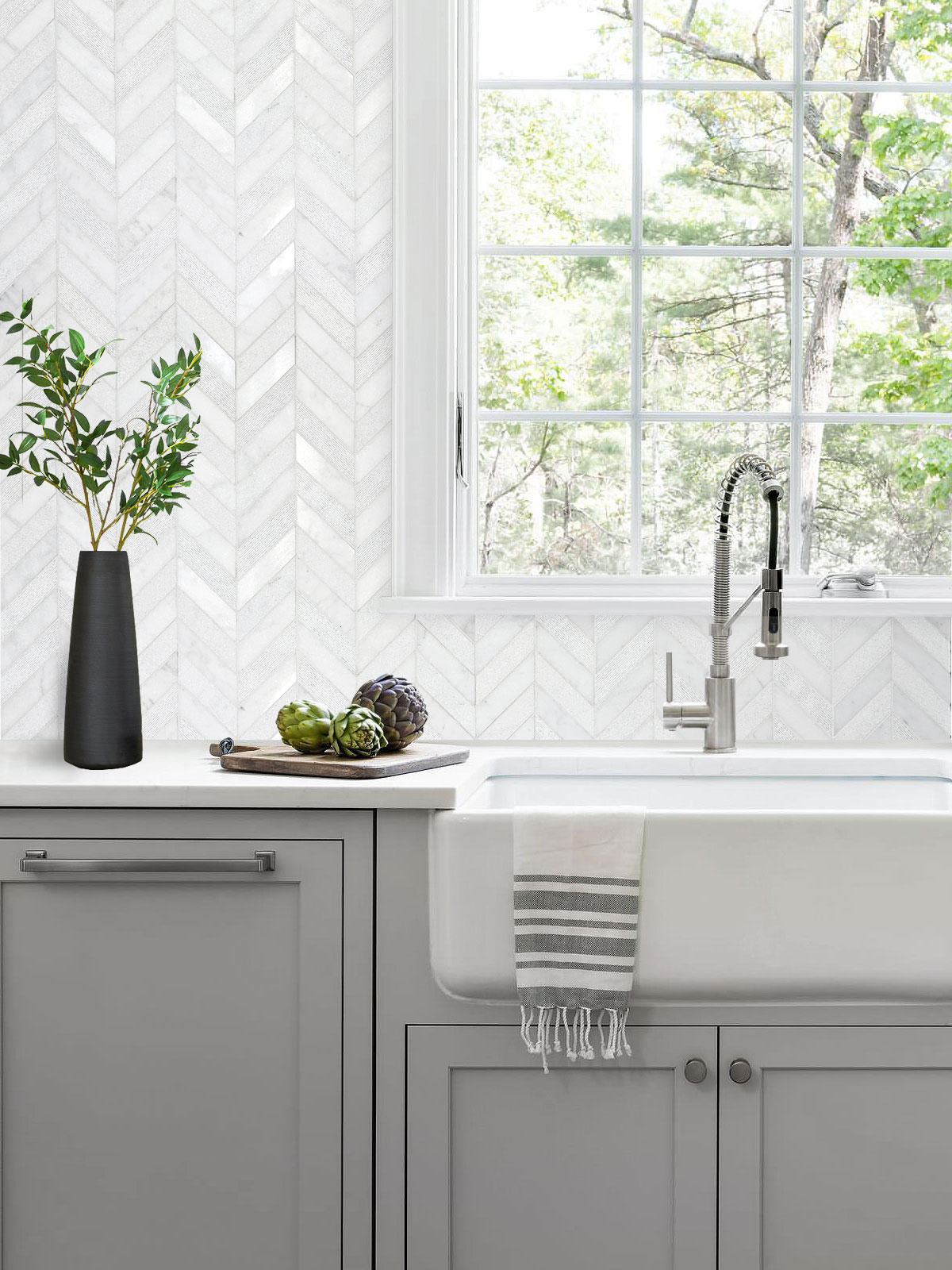gray cabinets farm sink white marble backsplash tile BA631613