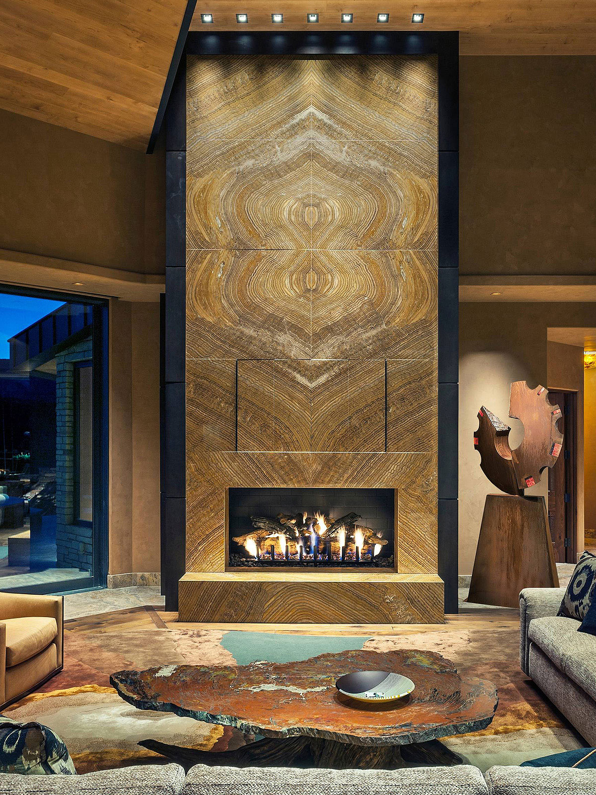 Rustic style travertine brown onyx fireplace idea