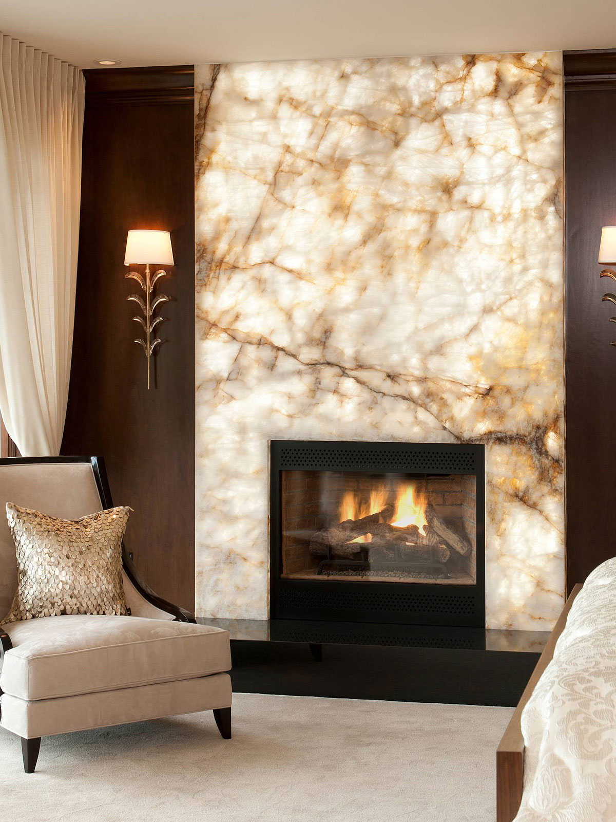 White onyx fireplace backlit light