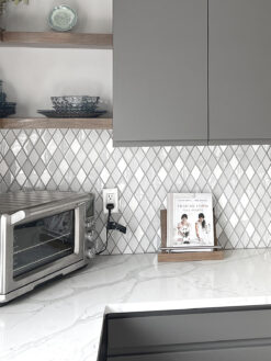 Gray Cabinet Countertop Elegant White Rhomboid Backsplash Tile BA62046