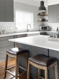 Gray Cabinet Elegant White Rhomboid Backsplash Tile BA62046