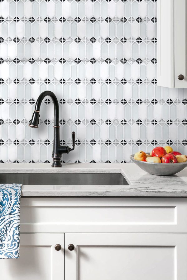 Gray White Marble Countertop White Cabinet Glass Backsplash Tile