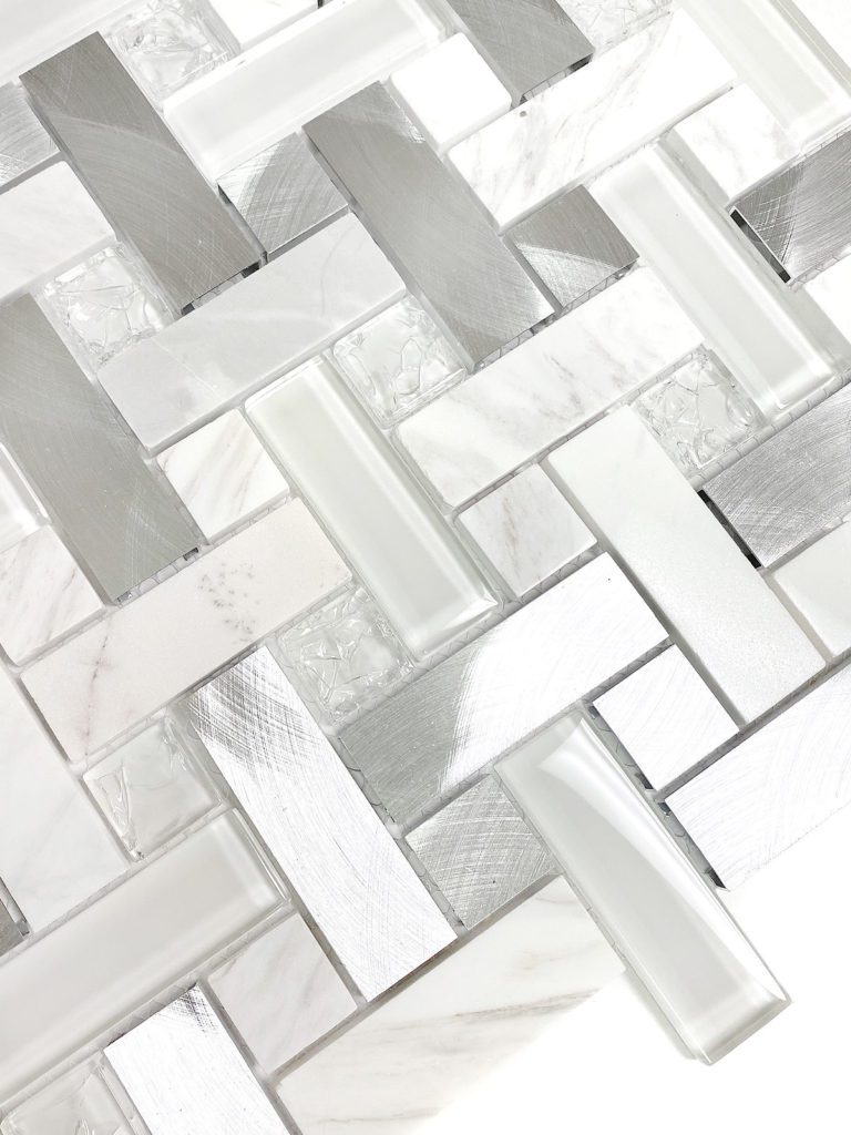 Modern White Glass, Metal & Marble Backsplash Tile | Backsplash.com