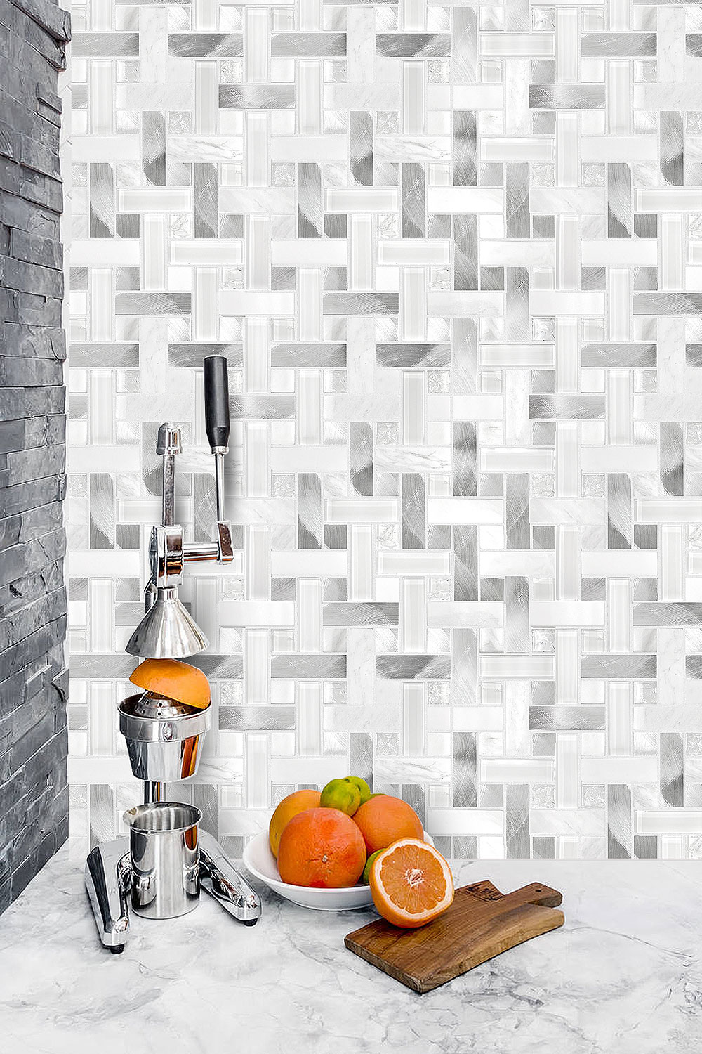 Modern design kitchen backsplash tile, white and gray glass metal and marble mixed. #whitebacksplash #glassbacksplash #metalbacksplash #modernbacksplash #marblebacksplash