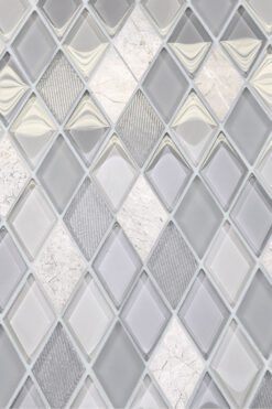 Gray Glass and Marble Rhomboid Design Backsplash Tile