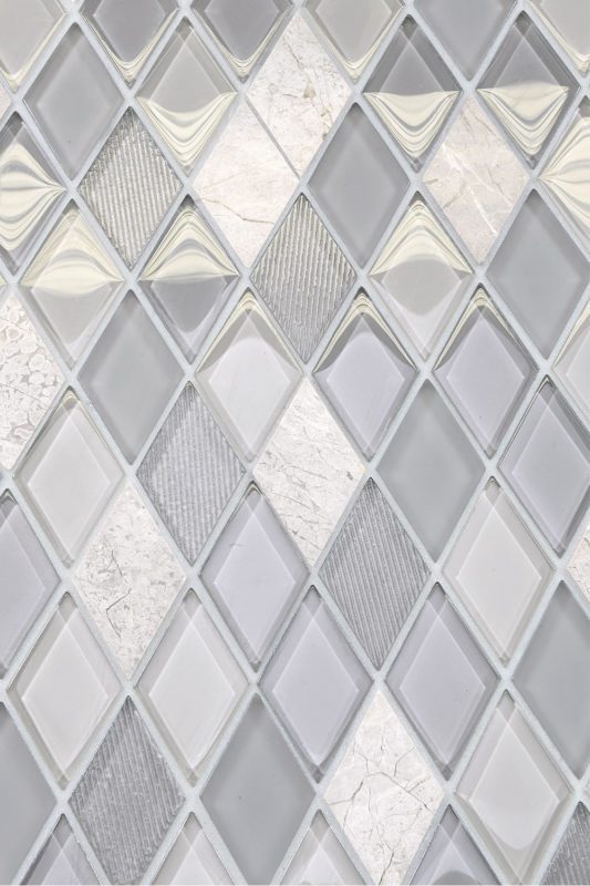 Gray Glass and Marble mix Rhomboid Design Backsplash Tile