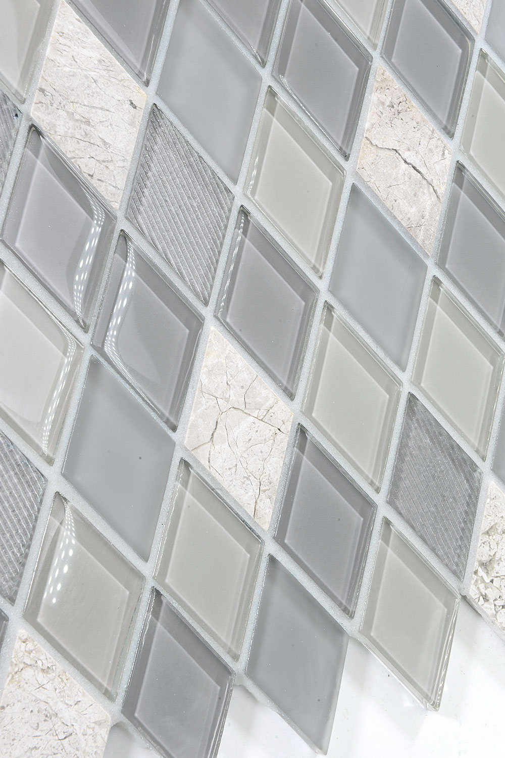 Gray Glass and Marble Rhomboid Design Backsplash Tile