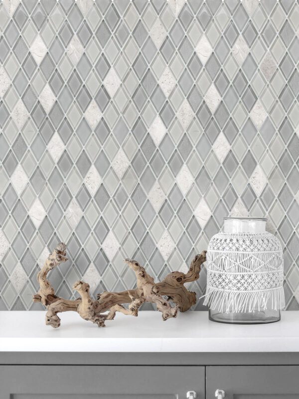 Gray Glass and Marble Rhomboid Design Backsplash Tile BA62050