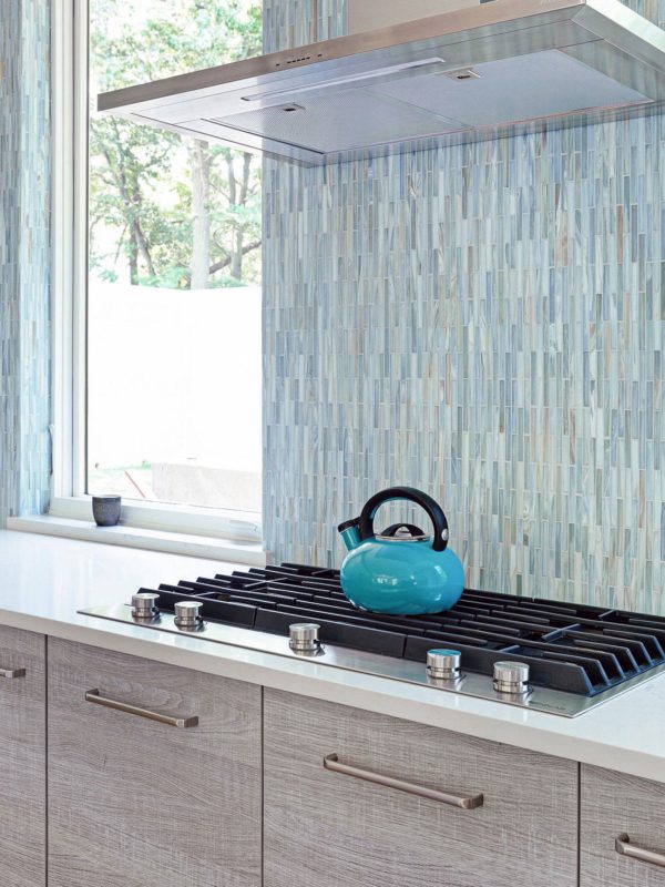 modern gray kitchen cabinet blue glass backsplash tile quartz white countertop 1152x1536 1