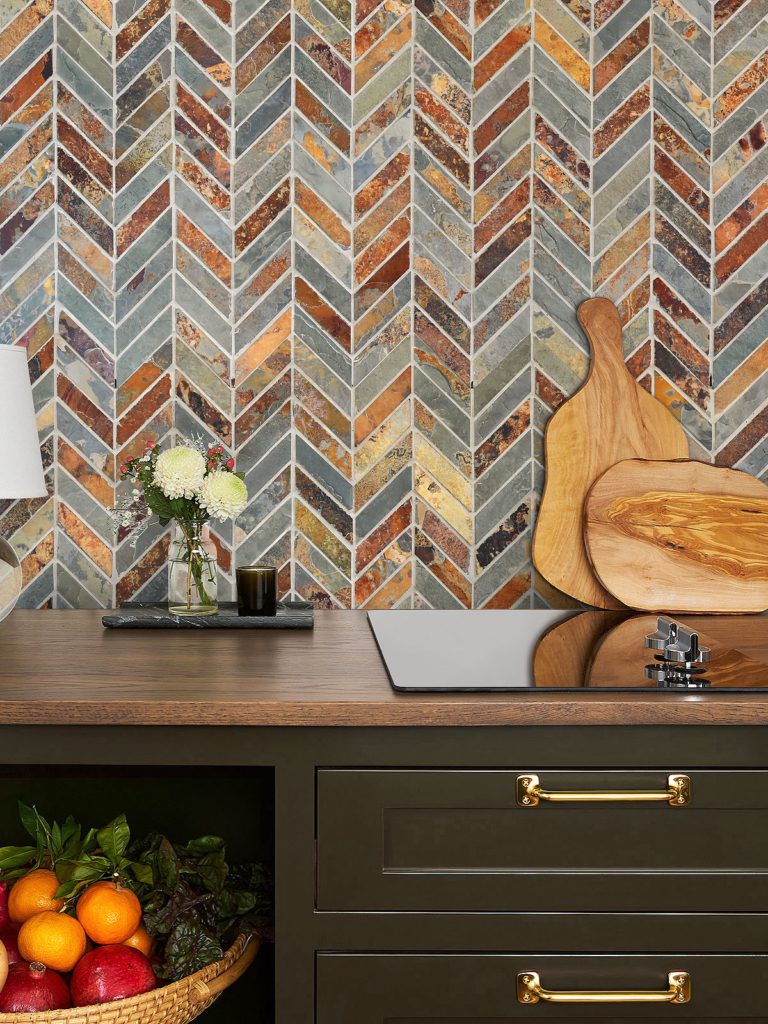 Chevron Rusty Brown Gray Slate Mosaic Backsplash Tile