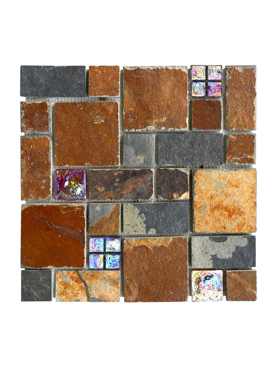 Rusty Brown & Gray Slate Stone mixed with Burgundy Glass Tiles