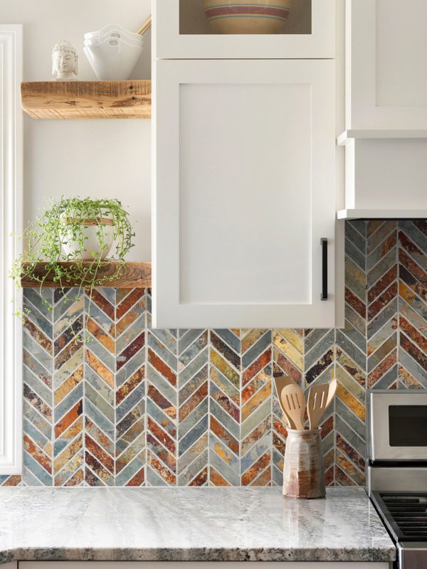 Rustic Brown Gray Slate Chevron Mosaic Backsplash Tile White Cabinet BA1065