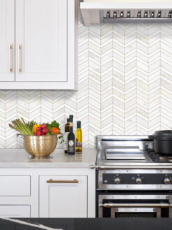 White Cabinet White Gray Gold Chevron Marble Tile BA6311