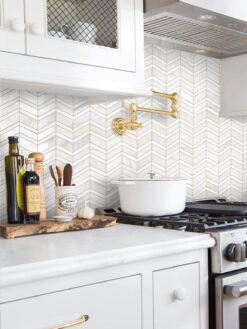 White Cabinets White Gray Gold Chevron Marble Tile BA6311