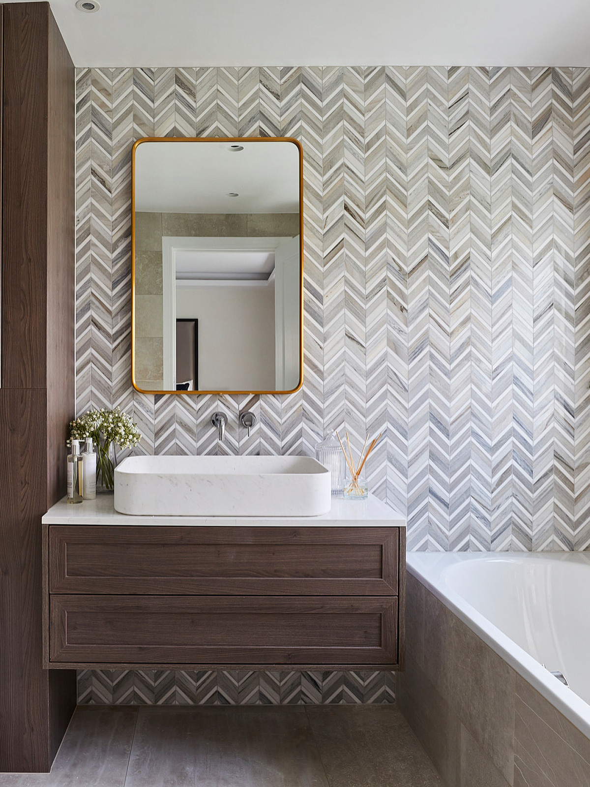Modern Chevron White Gray Brown Marble Mosaic Bathroom Vanity BA6320 3