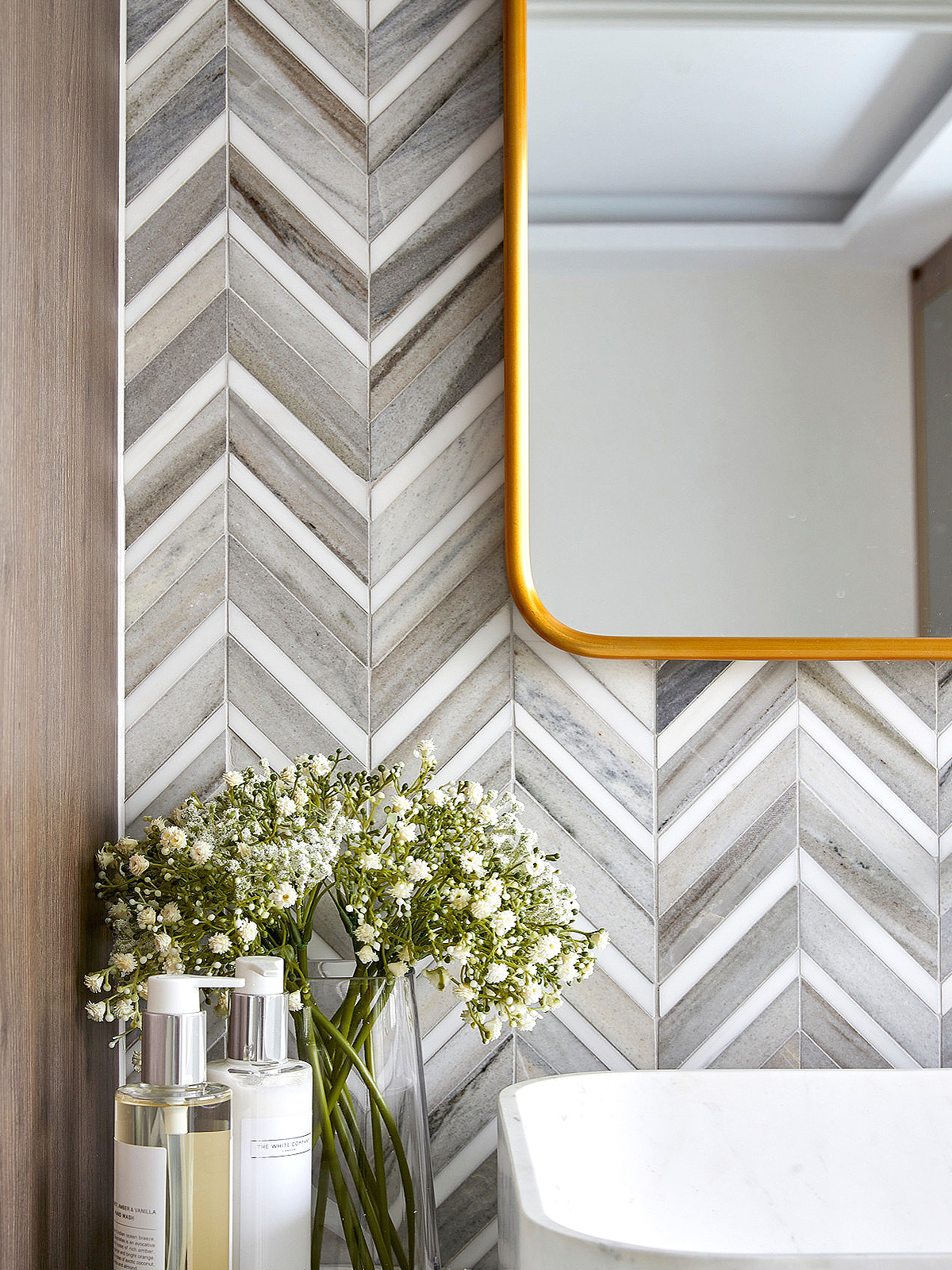 Modern Chevron White Gray Brown Marble Mosaic Bathroom Vanity BA6320 4