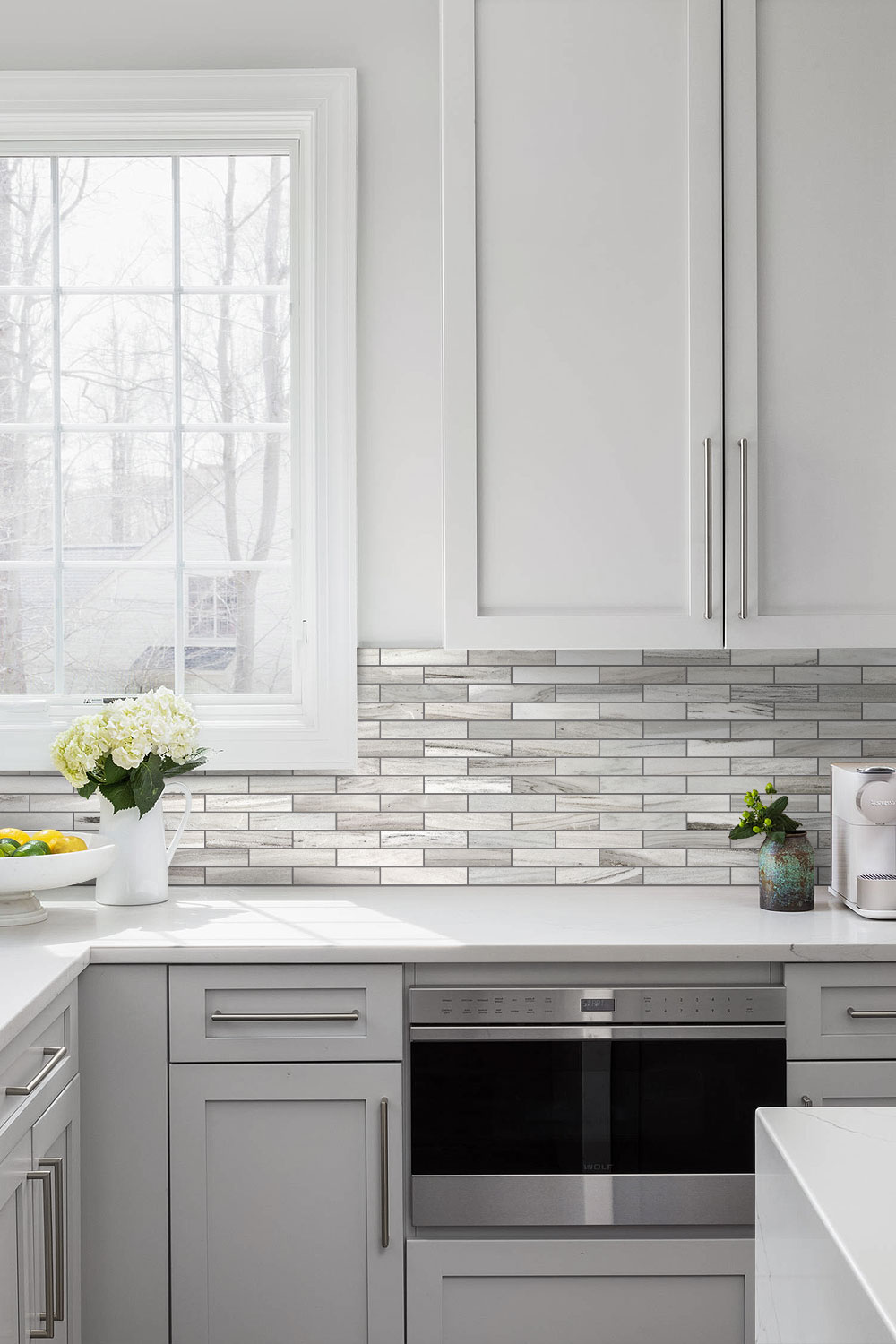 white gray kitchen cabinets modern marble backsplash tile