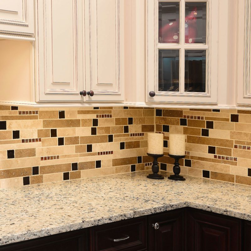 Brown Glass Travertine Mix Backsplash Tile For Traditional Kitchen