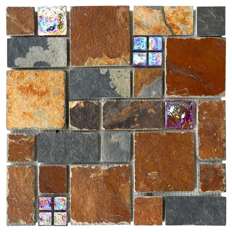 Rusty Brown & Gray Slate Stone mixed with Burgundy Glass Tiles