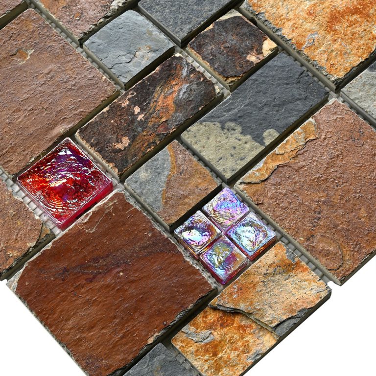 Rusty Brown & Gray Slate Stone mixed with Burgundy Glass Tiles
