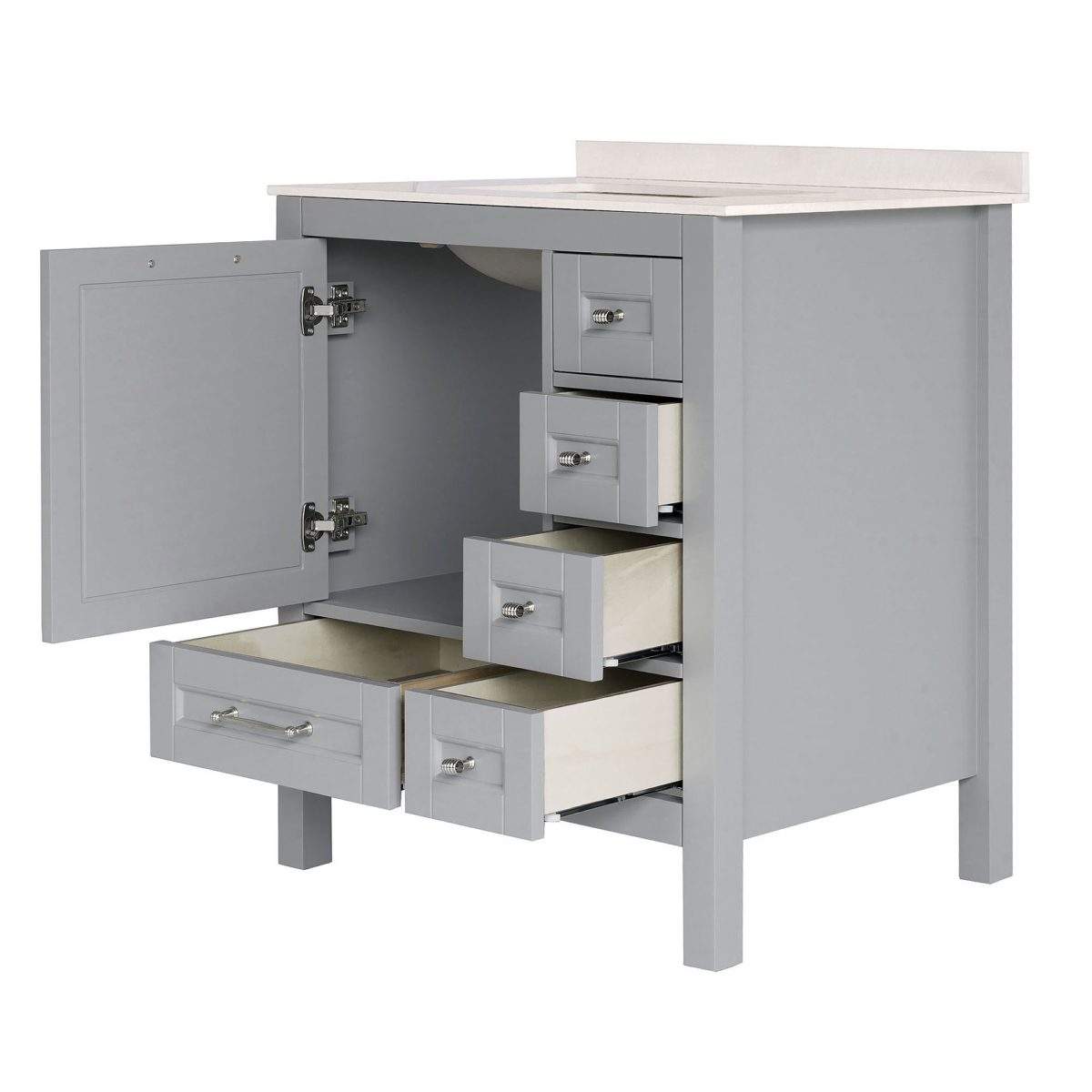 30 inch Gray Single Sink Vanity Cabinet SideView open door a