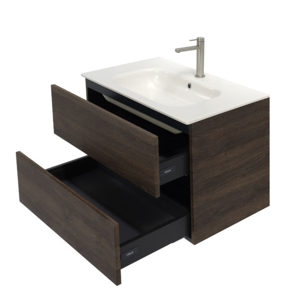 32 inch dark oak single sink floating vanity side view open door