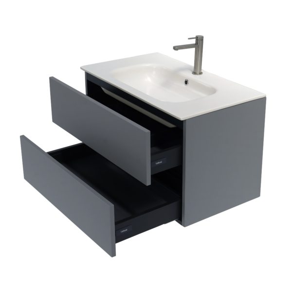 32 inch matte dust gray single sink floating vanity side view open door