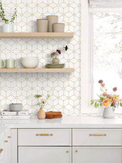 White Kitchen Cabinet with Flower Marble Backsplash Tile BA6310