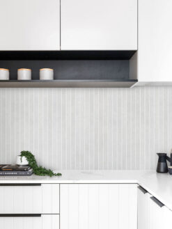 Black white cabinet with Modern light gray long backsplash tile