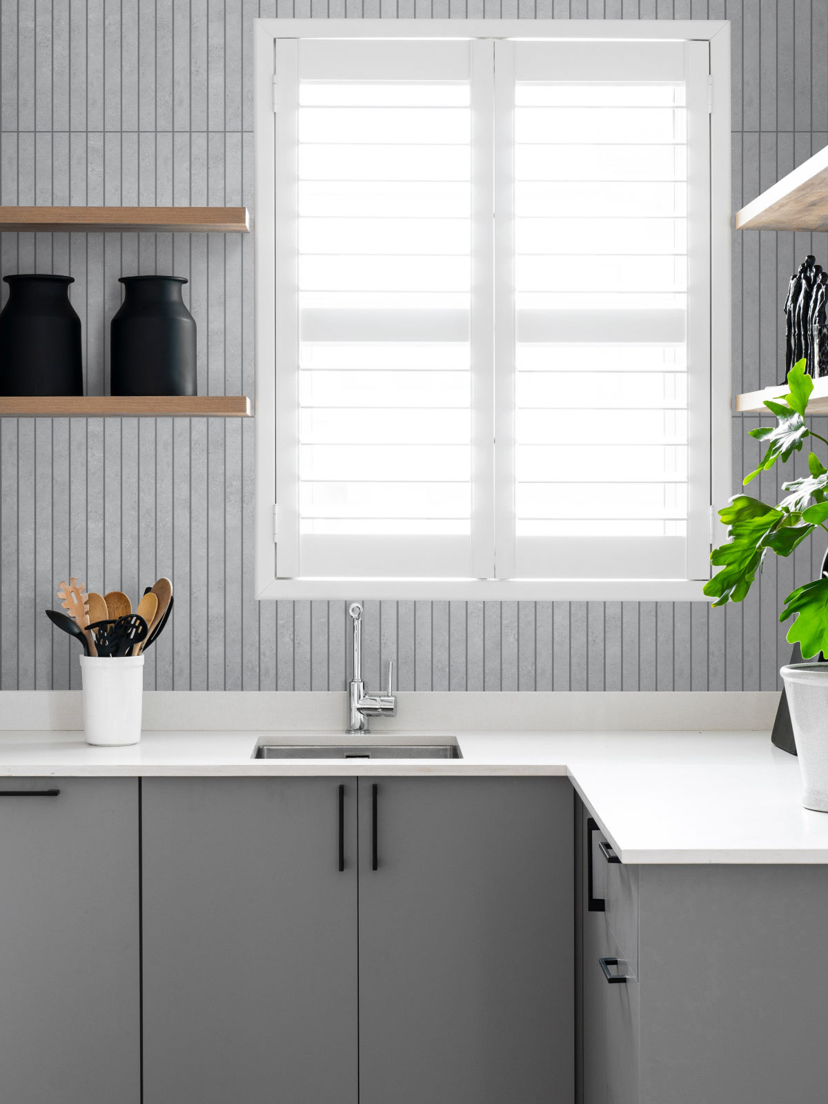 Gray Kitchen Cabinet White Countertop Long Modern Backsplash Tile BA4503