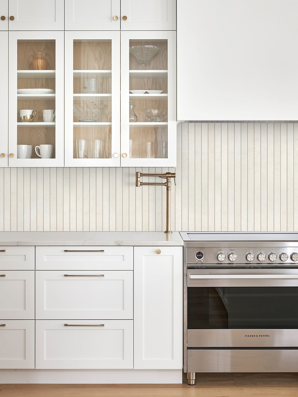 Modern Beige Backsplash Tile with White Kitchen Cabinets