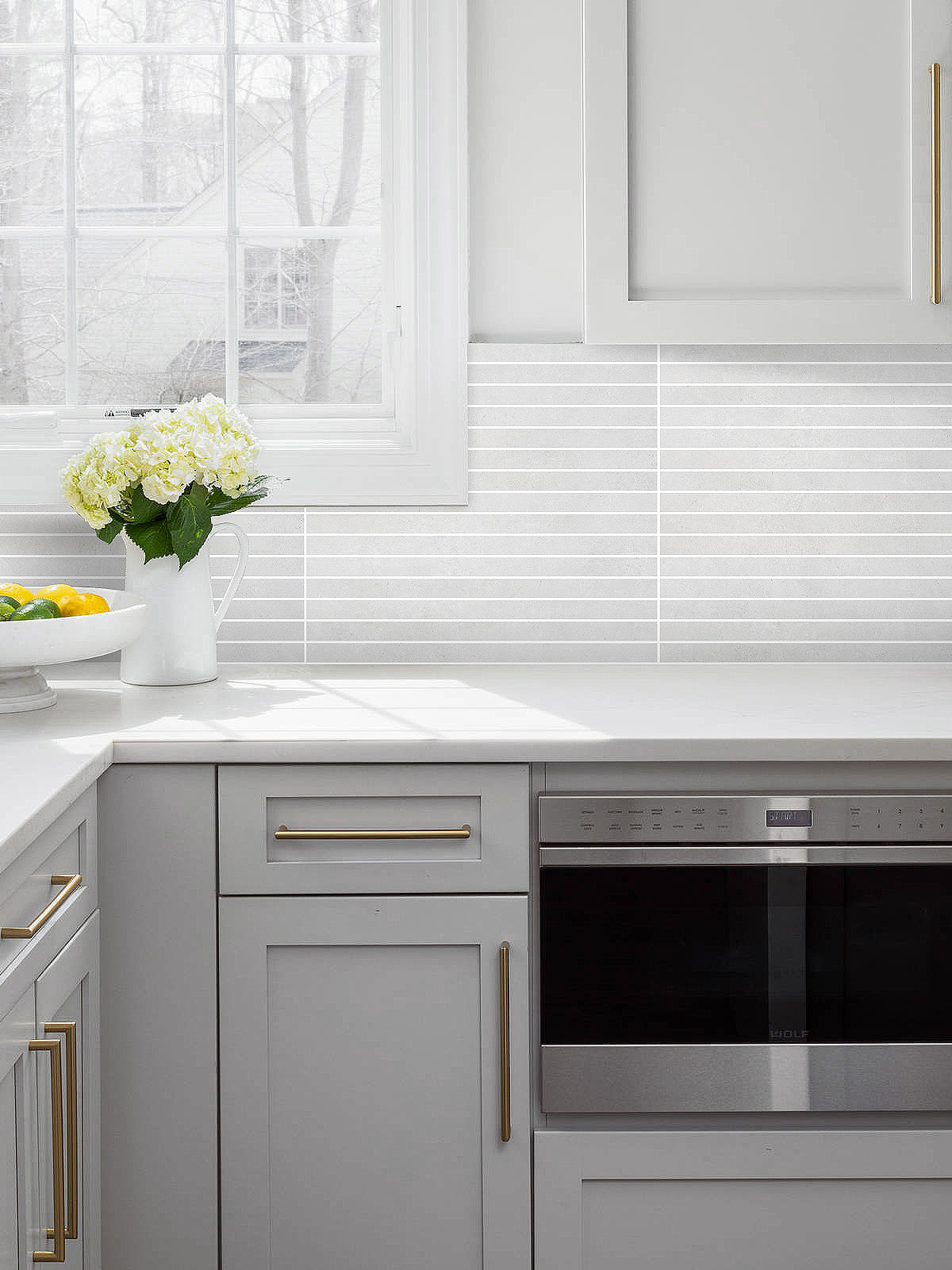 Modern Gray Cabinet White Countertop Light Gray Backsplash Tile BA4502