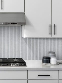 Modern White Kitchen With Long Gray Backsplash Tile BA4503
