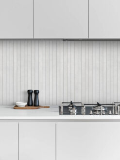 Modern light gray long backsplash tile with modern cabinets