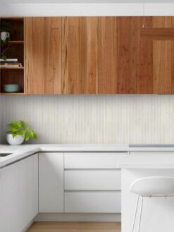 Two Tones Brown White Kitchen Cabinet With Modern Long Beige Backsplash Tile BA4501