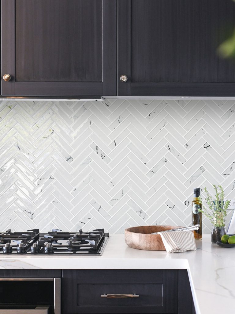 White Glass Herringbone Marble Look Mosaic Backsplash Tile