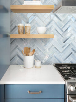 Blue Cabinets White Countertop Blue Glass Large Herringbone Mosaic Backsplash Tile BA5507